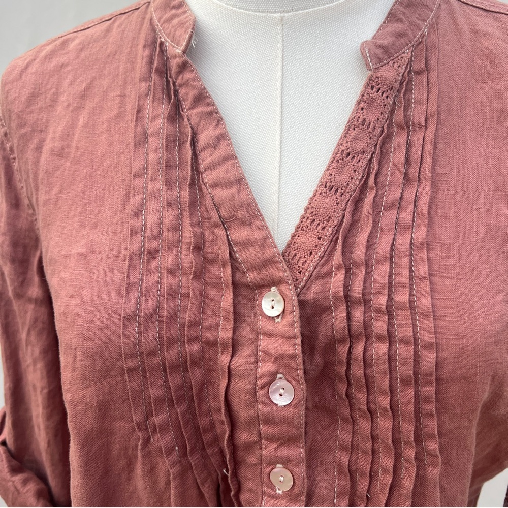 Malvin I Love Linen Women’s M Top Dusty Pink/Rose Roll Tab Sleeve Blouse PinTuck - Picture 5 of 9